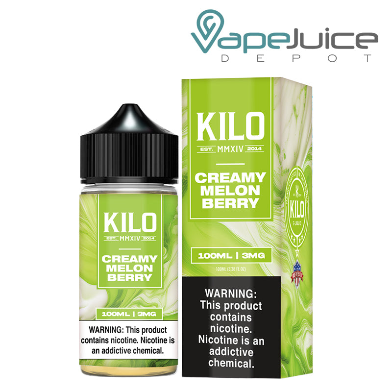 A 100ml bottle of Creamy Melon Berry KILO and a box with a warning sign next to it - Vape Juice Depot