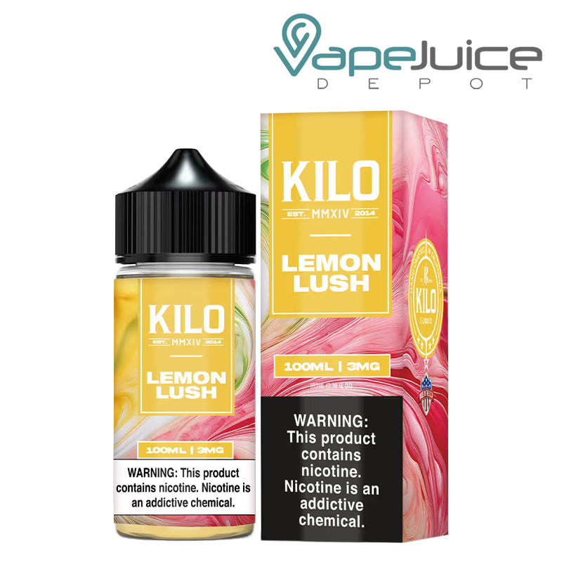 A 100ml bottle of Lemon Lush KILO and box with a warning sign next to it - Vape Juice Depot