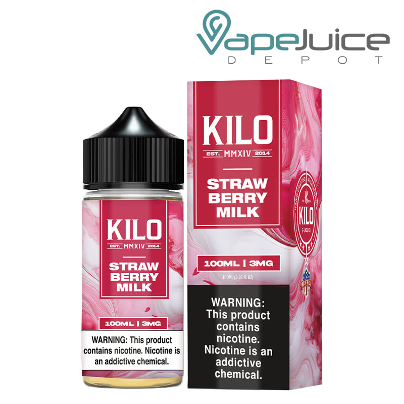 A 100ml bottle of Strawberry Milk KILO and a box with a warning sign next to it - Vape Juice Depot
