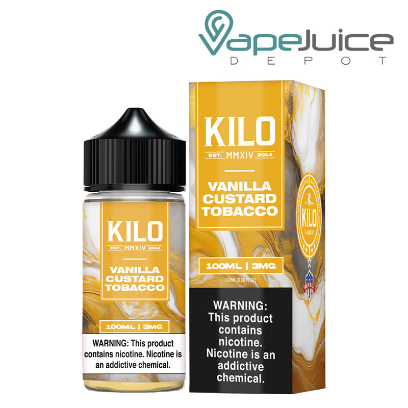 A 100ml bottle of Vanilla Custard Tobacco KILO and a box with a warning sign next to it - Vape Juice Depot