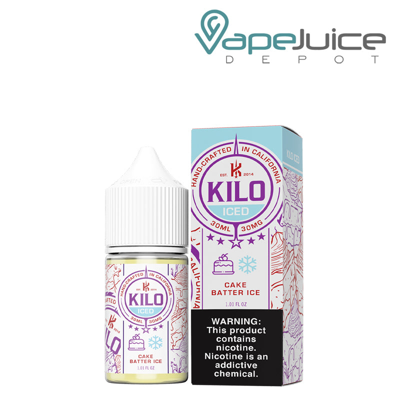 A 30ml bottle of Cake Batter Ice Kilo Salt and a box with a warning sign next to it - Vape Juice Depot