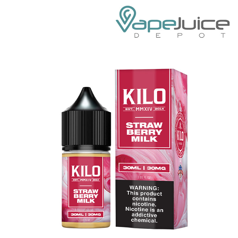 A 30ml bottle of Strawberry Milk KILO Salts and a box with a warning sign next to it - Vape Juice Depot