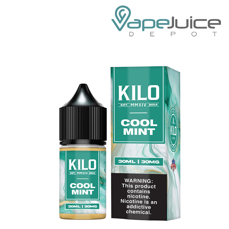 A 30ml bottle of Cool Mint KILO Salts and a box with a warning sign next to it - Vape Juice Depot