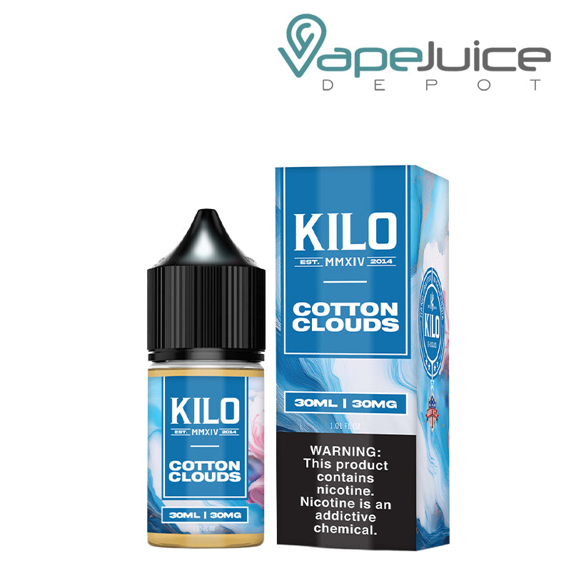 A 30ml bottle of Cotton Clouds KILO Salts and a box with a warning sign next to it - Vape Juice Depot