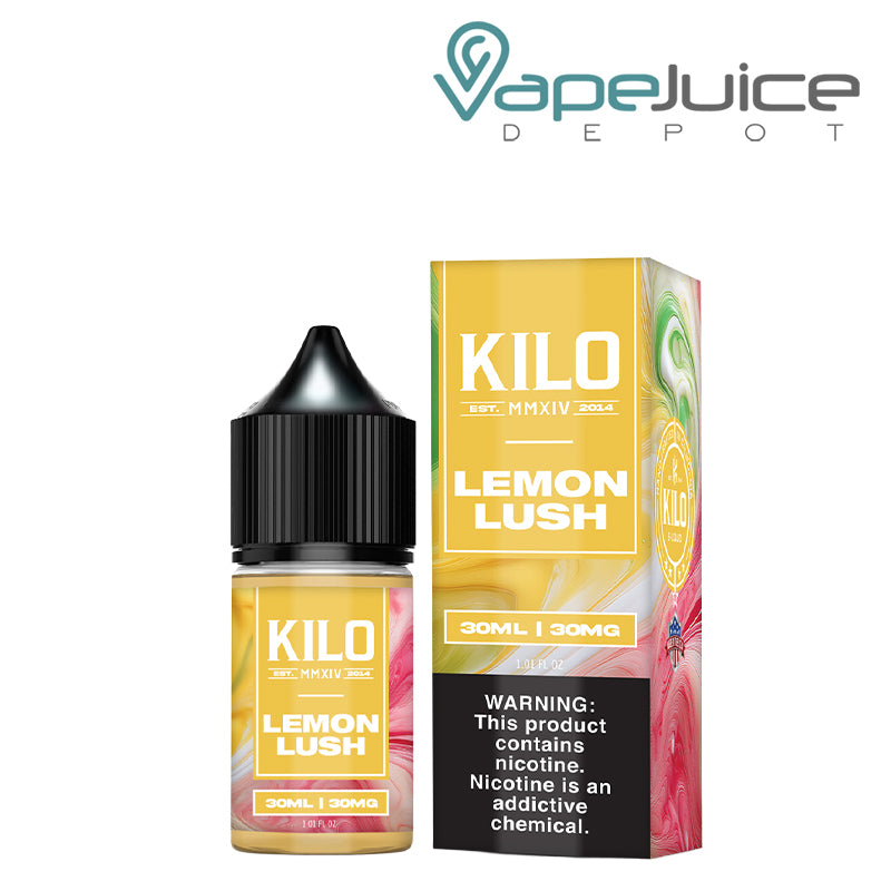 A 30ml bottle of Lemon Lush KILO Salts and a box with a warning sign next to it - Vape Juice Depot