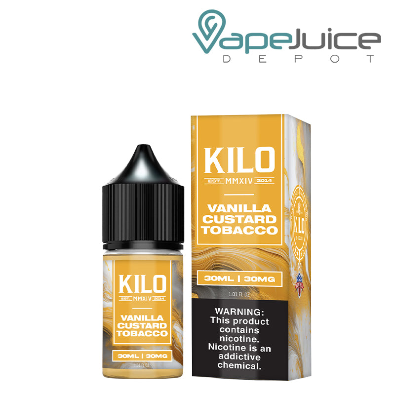A 30ml bottle of Vanilla Custard Tobacco KILO Salts and a box with a warning sign next to it - Vape Juice Depot