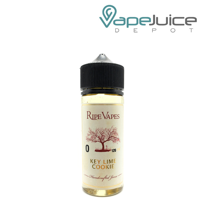 A 120ml bottle of Key Lime Cookie Ripe Vapes eLiquid with a warning sign - Vape Juice Depot