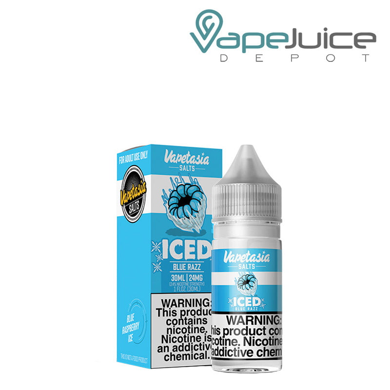 A box of Killer Fruits Blue Razz Iced Salts Vapetasia Synthetic with a warning sign and a 30ml bottle next to it - Vape Juice Depot