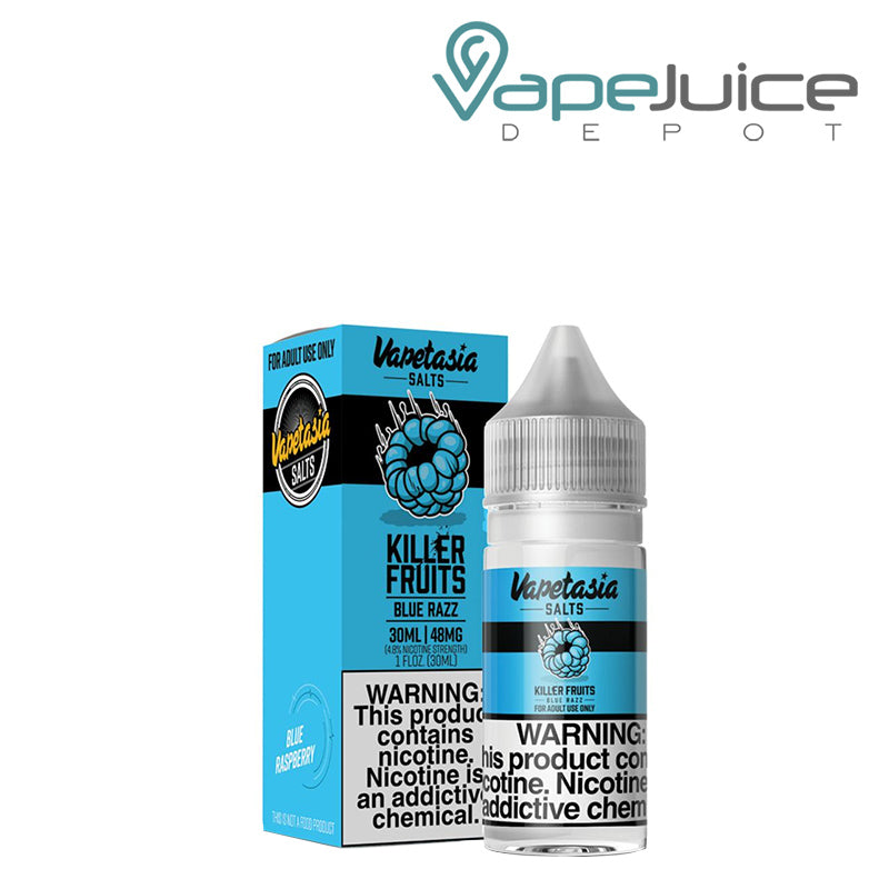 A box of Killer Fruits Blue Razz Salts Vapetasia Synthetic with a warning sign and a 30ml bottle next to it - Vape Juice Depot