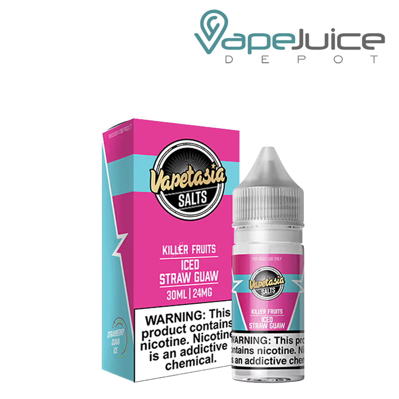 A box of Killer Fruits Straw Guaw Iced Salts Vapetasia Synthetic with a warning sign and a 30ml bottle next to it - Vape Juice Depot