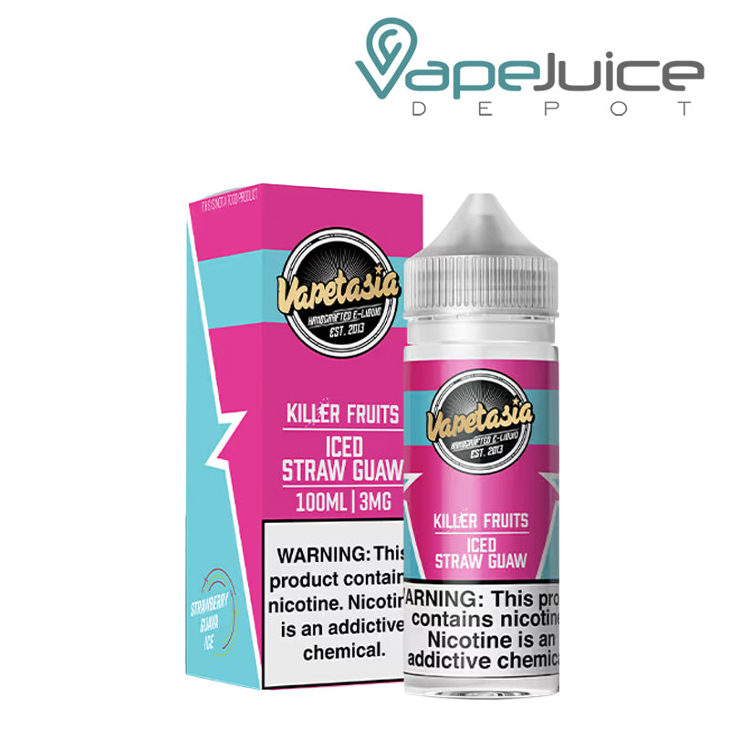 A box of Killer Fruits Straw Guaw Iced Vapetasia Synthetic with a warning sign and a 100ml bottle next to it - Vape Juice Depot