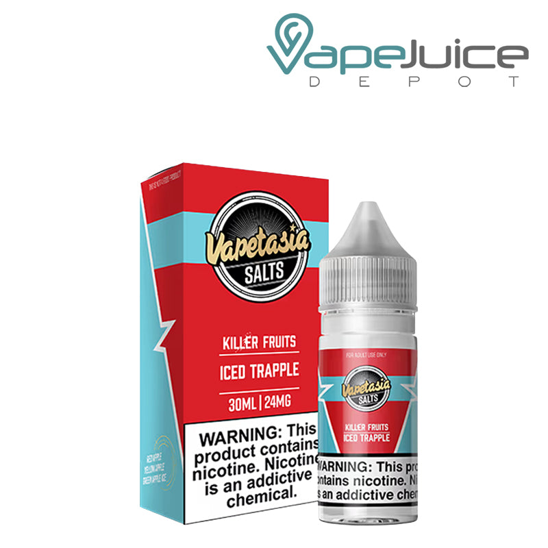 A box of Killer Fruits Trapple Iced Salts Vapetasia Synthetic with a warning sign and a 30ml bottle next to it - Vape Juice Depot