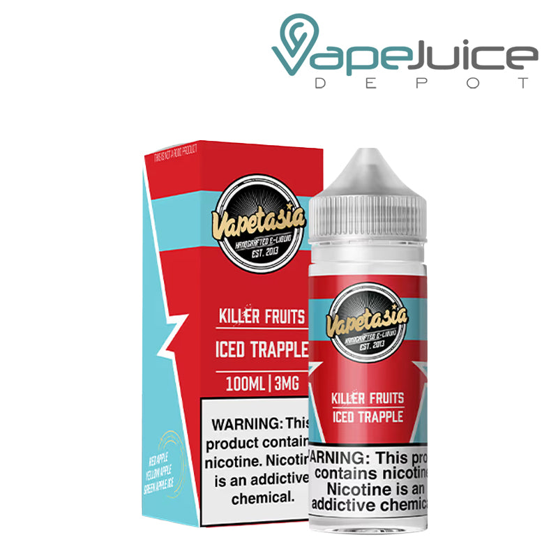 A box of Killer Fruits Trapple Iced Vapetasia Synthetic with a warning sign and a 100ml bottle next to it - Vape Juice Depot