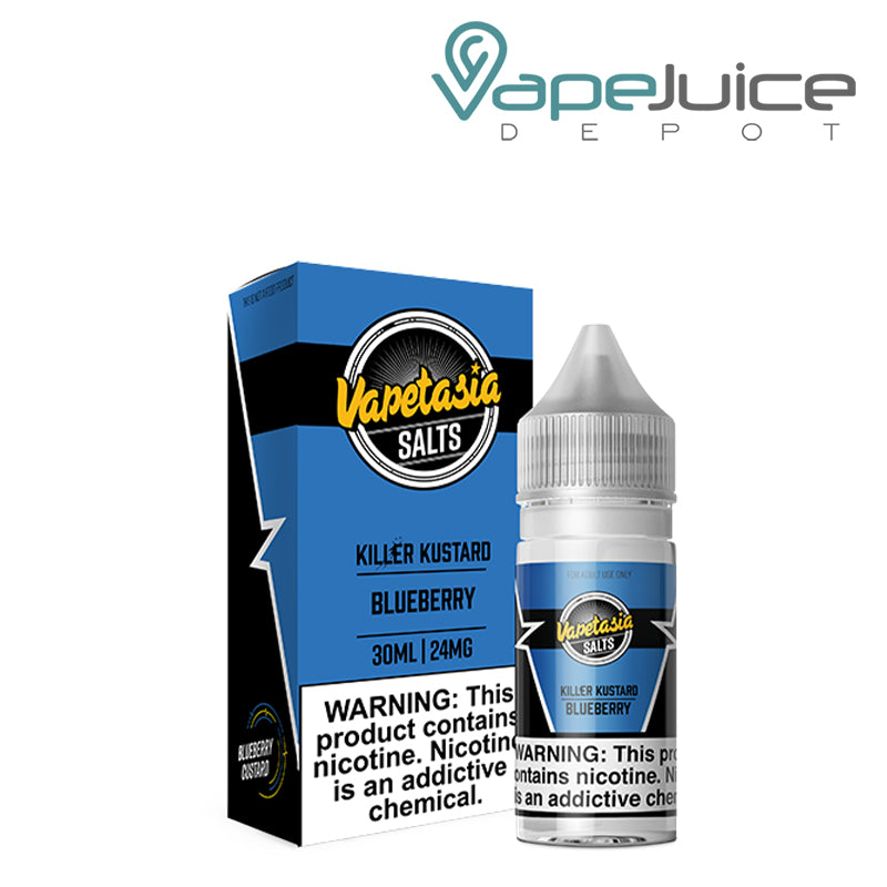 A box of Killer Kustard Blueberry Vapetasia Salt and a 30ml bottle with a warning sign next to it - Vape Juice Depot