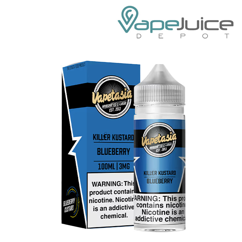 A box of Killer Kustard Blueberry Vapetasia eLiquid with a warning sign and a 100ml bottle next to it - Vape Juice Depot