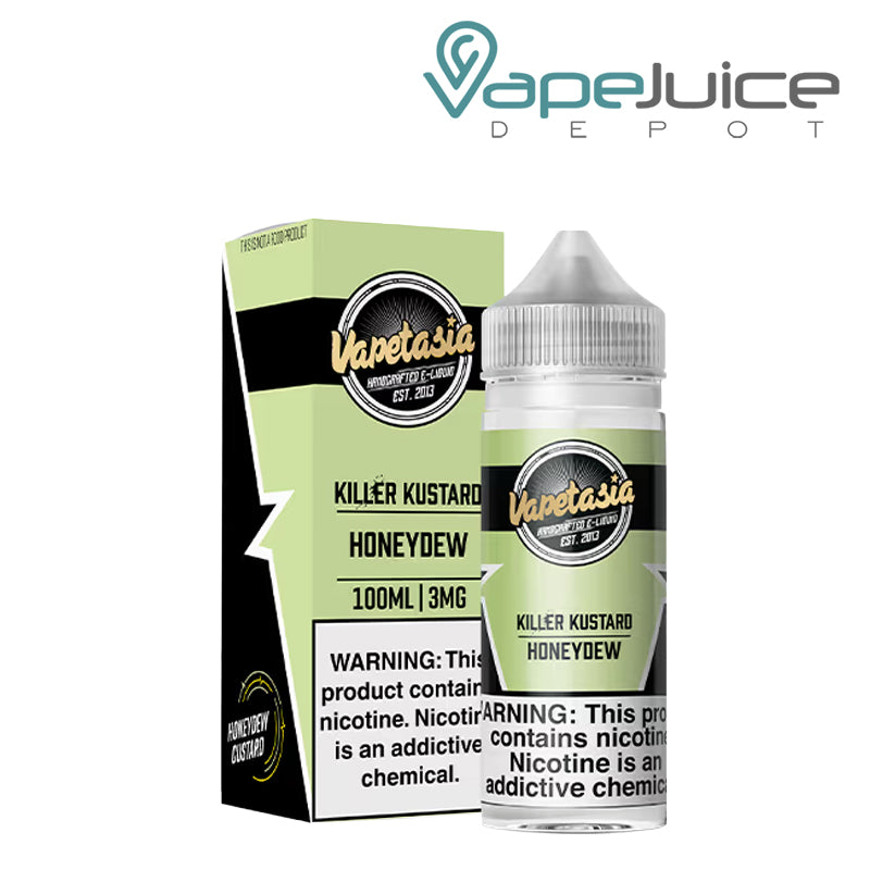 A box of Killer Kustard Honeydew Vapetasia eLiquid with a warning sign and a 100ml bottle next to it - Vape Juice Depot