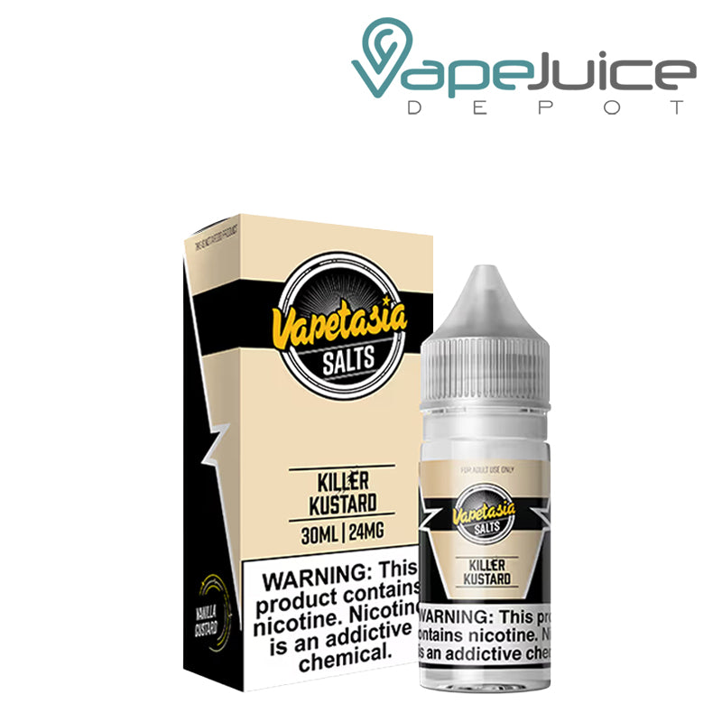 A box of Killer Kustard Vapetasia Salts with a warning sign and a 30ml bottle next to it - Vape Juice Depot