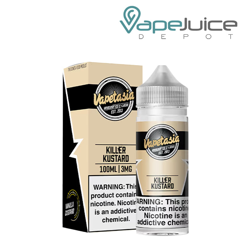 A box of Killer Kustard Vapetasia eLiquid and a 100ml bottle with a warning sign next to it - Vape Juice Depot