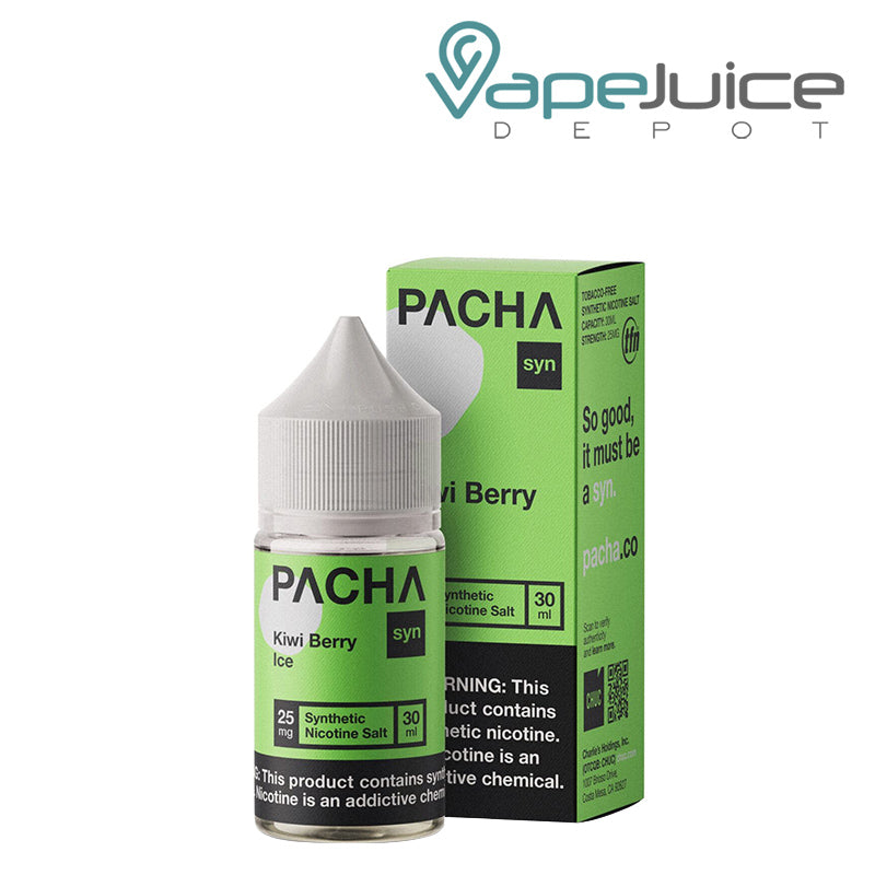 A 30ml bottle of Kiwi Berry Ice PachaMama Salts with a warning sign and a box next to it - Vape Juice Depot