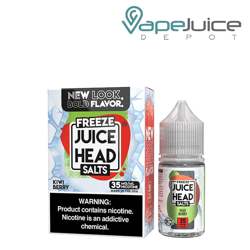 A Box of Kiwi Berry ZTN Salts Juice Head Freeze with a warning sign and a 30ml bottle next to it - Vape Juice Depot
