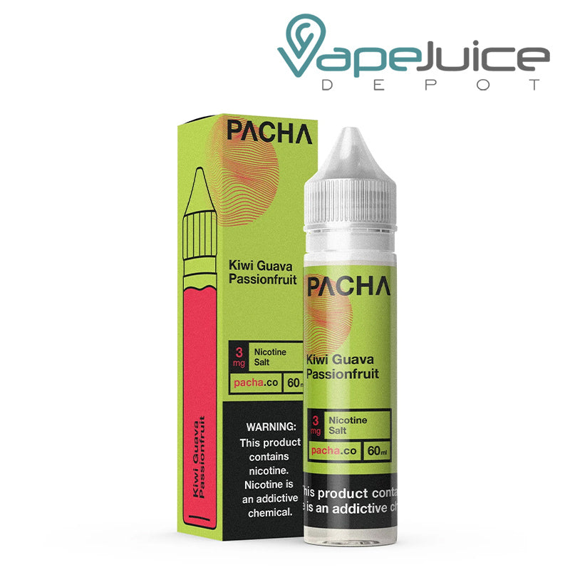A box of Kiwi Guava Passionfruit PachaMama eLiquid with a warning sign and a 60ml bottle next to it - Vape Juice Depot
