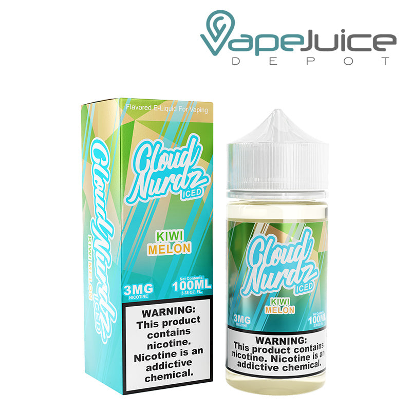 A box of ICED Kiwi Melon Cloud Nurdz eLiquid and a 100ml bottle with a warning sign next to it - Vape Juice Depot