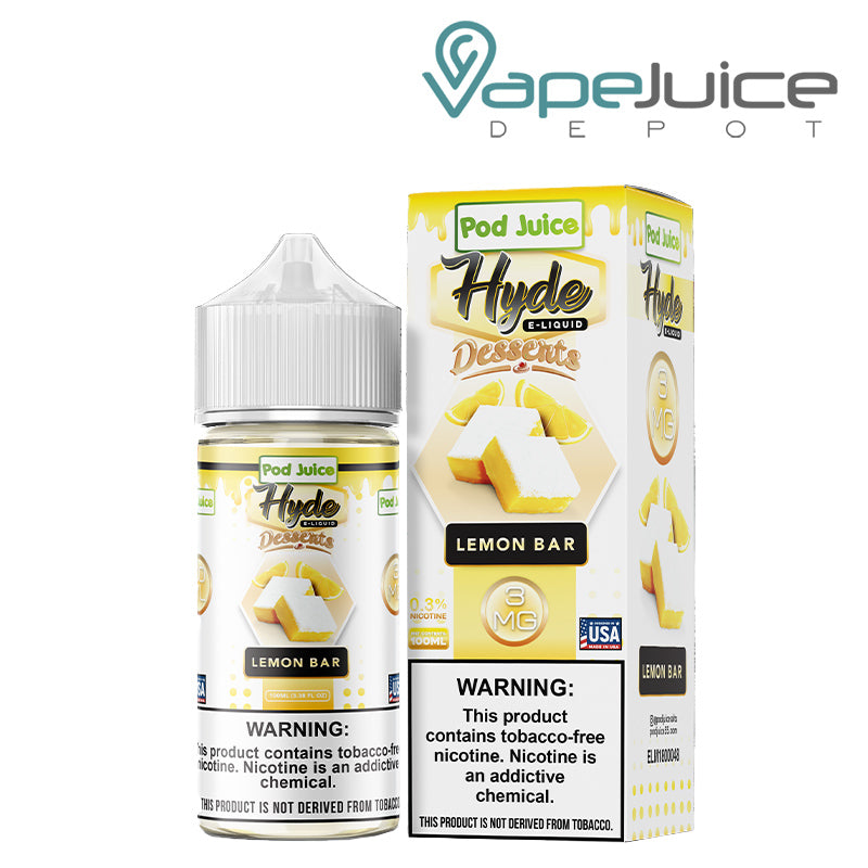 A bottle of Lemon Bar Hyde Pod Juice TFN with a warning sign and a box with a warning sign next to it - Vape Juice Depot