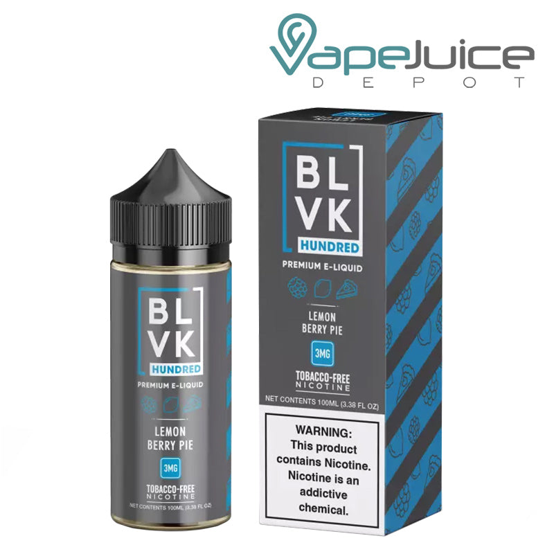 A 100ml Bottle of Lemon Berry Pie BLVK Hundred TFN eLiquid with a warning sign and a box next to it - Vape Juice Depot