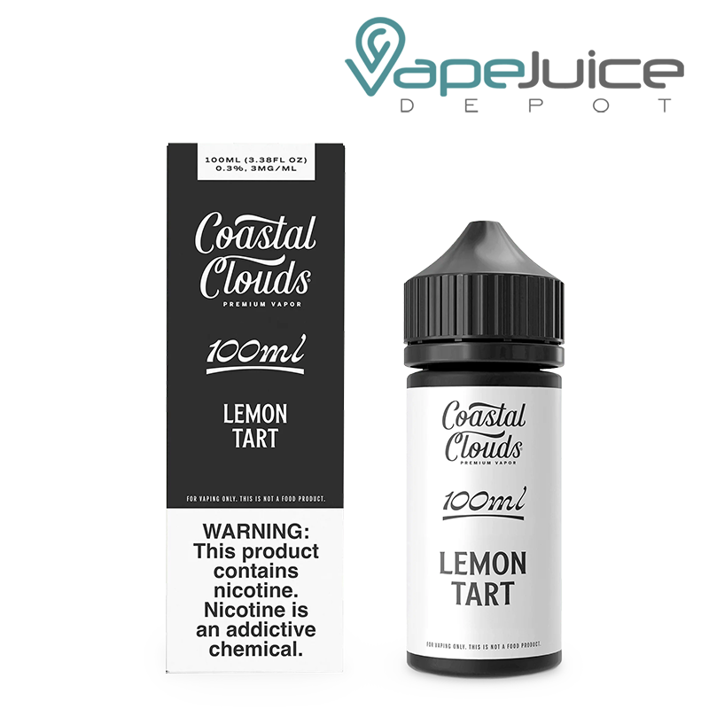 A box of Lemon Tart Coastal Clouds 100ml with a warning sign and a bottle next to it - Vape Juice Depot