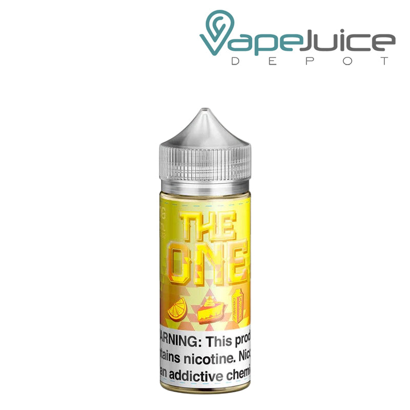 A 100ml bottle of Lemon Crumble Cake The One eLiquid with a warning sign - Vape Juice Depot