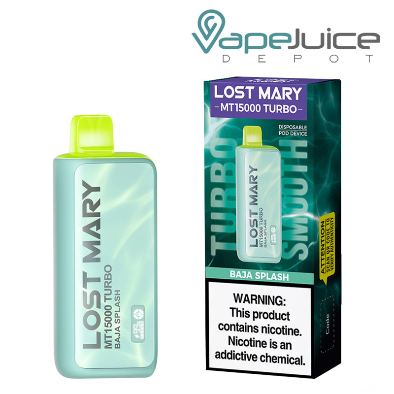A Disposable of Baja Splash Lost Mary MT15000 Turbo and a box with a warning sign next to it - Vape Juice Depot