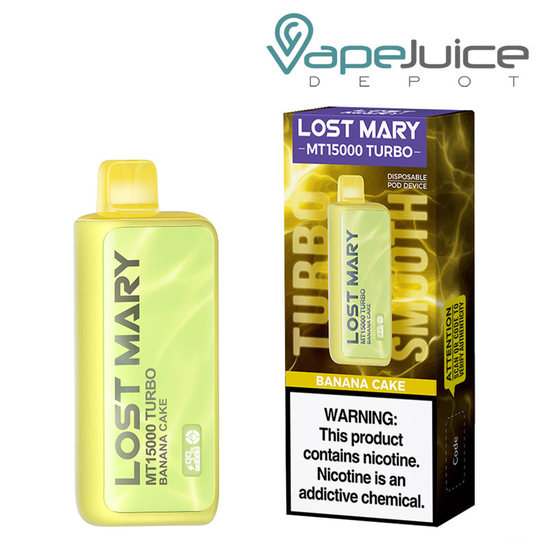 A Disposable of Banana Cake Lost Mary MT15000 Turbo and a box with a warning sign next to it - Vape Juice Depot
