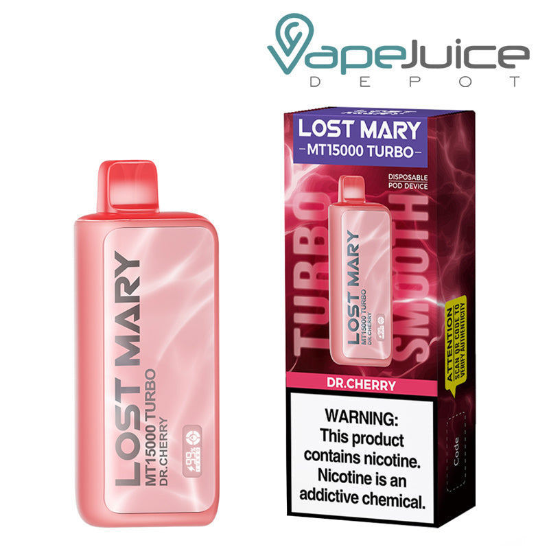 A Disposable of Dr. Cherry Lost Mary MT15000 Turbo and a box with a warning sign next to it - Vape Juice Depot