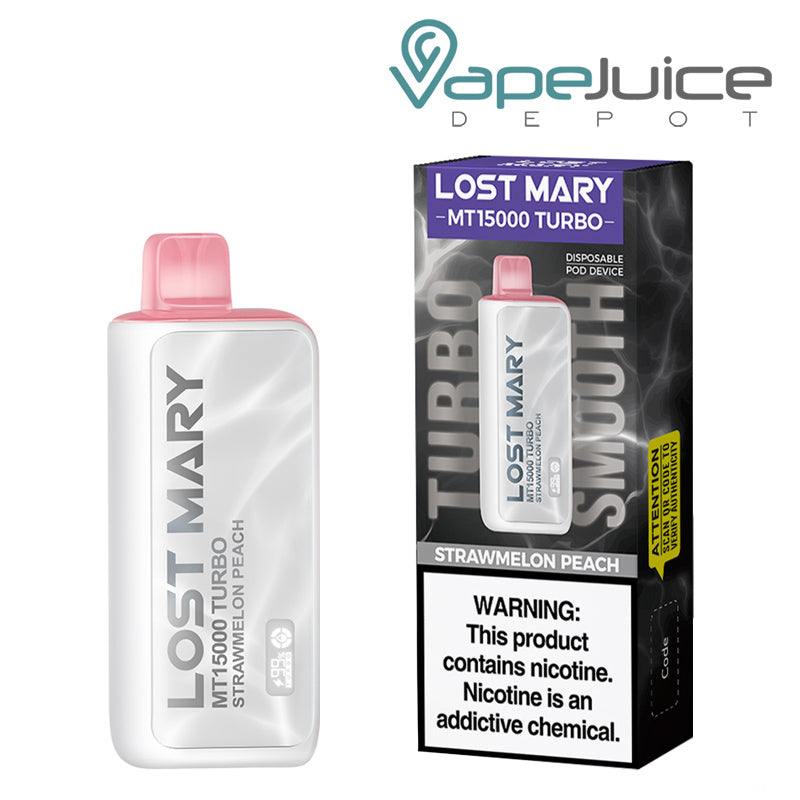A Disposable of Strawmelon Peach Lost Mary MT15000 Turbo and a box with a warning sign next to it - Vape Juice Depot