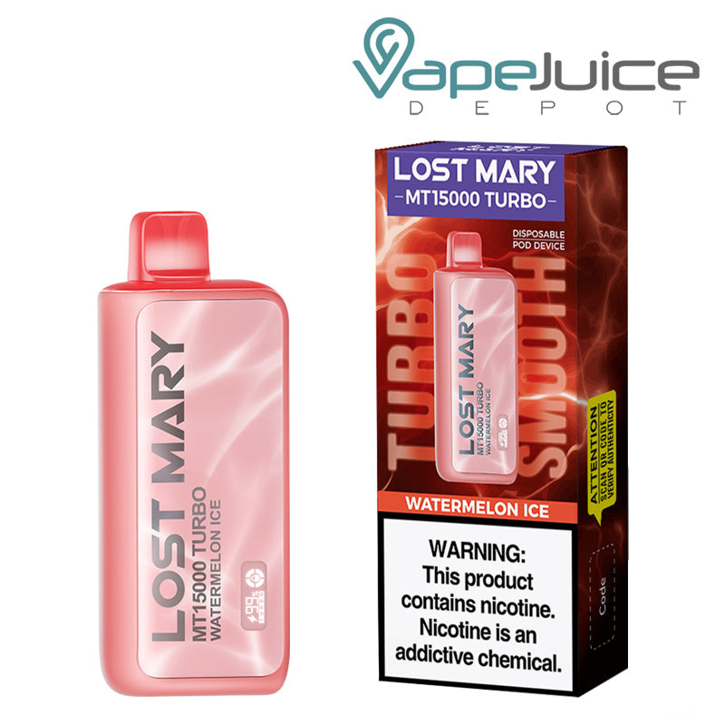 A Disposable of Watermelon Ice Lost Mary MT15000 Turbo and a box with a warning sign next to it - Vape Juice Depot