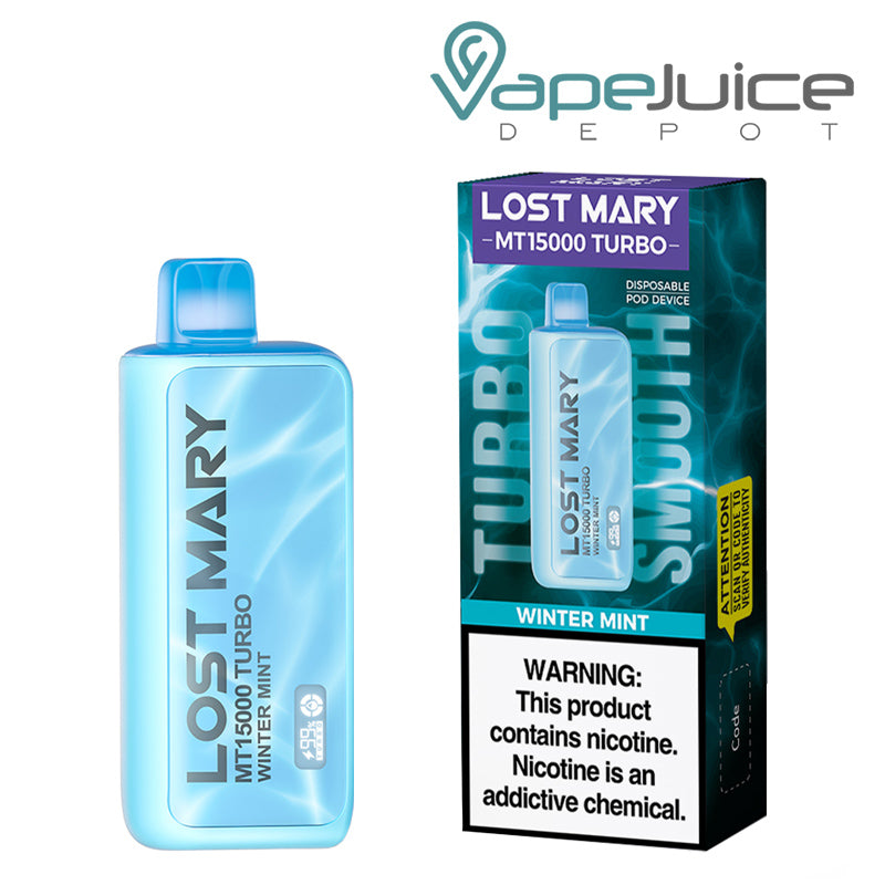 A Disposable of Winter Mint Lost Mary MT15000 Turbo and a box with a warning sign next to it - Vape Juice Depot
