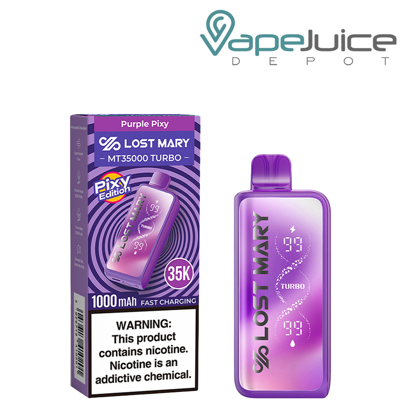 A Box of Purple Pixy Lost Mary MT35000 Turbo Disposable with a warning sign and a device next to it - Vape Juice Depot