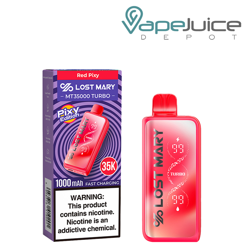 A Box of Red Pixy Lost Mary MT35000 Turbo Disposable with a warning sign and a device next to it - Vape Juice Depot