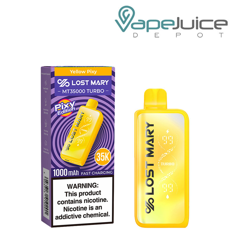 A Box of Yellow Pixy Lost Mary MT35000 Turbo Disposable with a warning sign and a device next to it - Vape Juice Depot