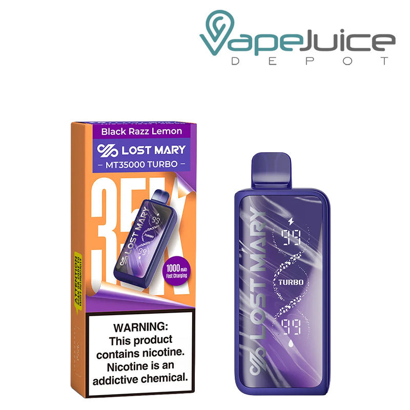 A Box of Black Razz Lemon Lost Mary MT35000 Turbo Disposable with a warning sign and a device next to it - Vape Juice Depot