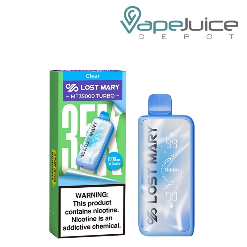 A Box of Lost Mary MT35000 Turbo Clear Disposable with a warning sign and a device next to it - Vape Jucie Depot