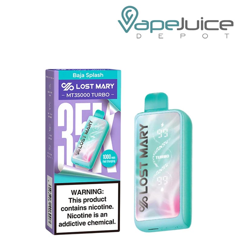 A Box of Baja Splash Lost Mary MT35000 Turbo Disposable with a warning sign and a device next to it - Vape Juice Depot