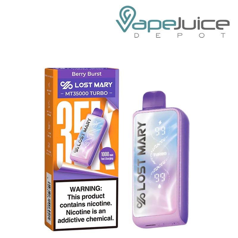 A Box of Berry Burst Lost Mary MT35000 Turbo Disposable with a warning sign and a device next to it - Vape Juice Depot