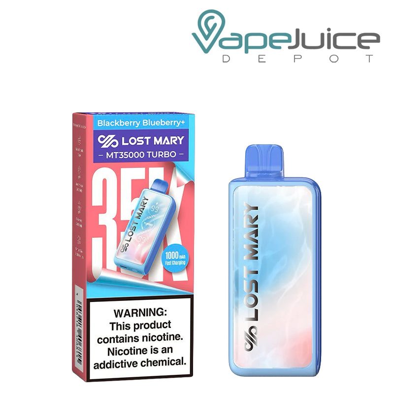 A Box of Blackberry Blueberry+ Lost Mary MT35000 Turbo Disposable with a warning sign and a device next to it - Vape Juice Depot