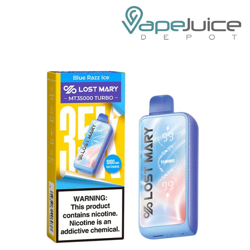 A Box of Blue Razz Ice Lost Mary MT35000 Turbo Disposable with a warning sign and a device next to it - Vape Juice Depot