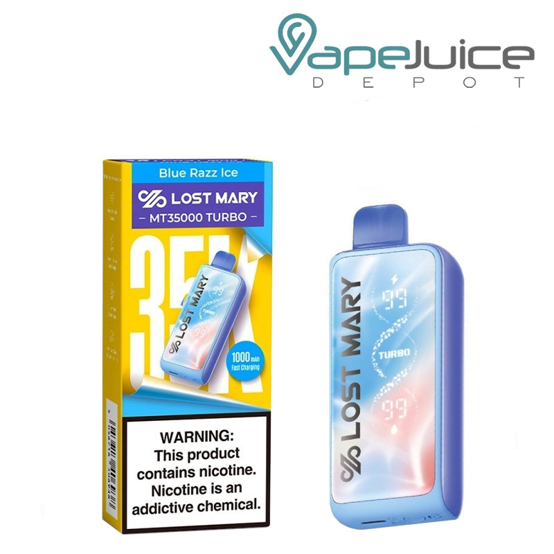 A Box of Blue Razz Ice Lost Mary MT35000 Turbo Disposable with a warning sign and a device next to it - Vape Juice Depot