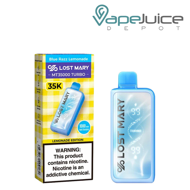 A Blue Razz Lemonadee Lost Mary MT35000 Turbo disposable vape with digital display screen, side e-liquid visibility, and matching box packaging with a nicotine warning - Vape Juice Depot