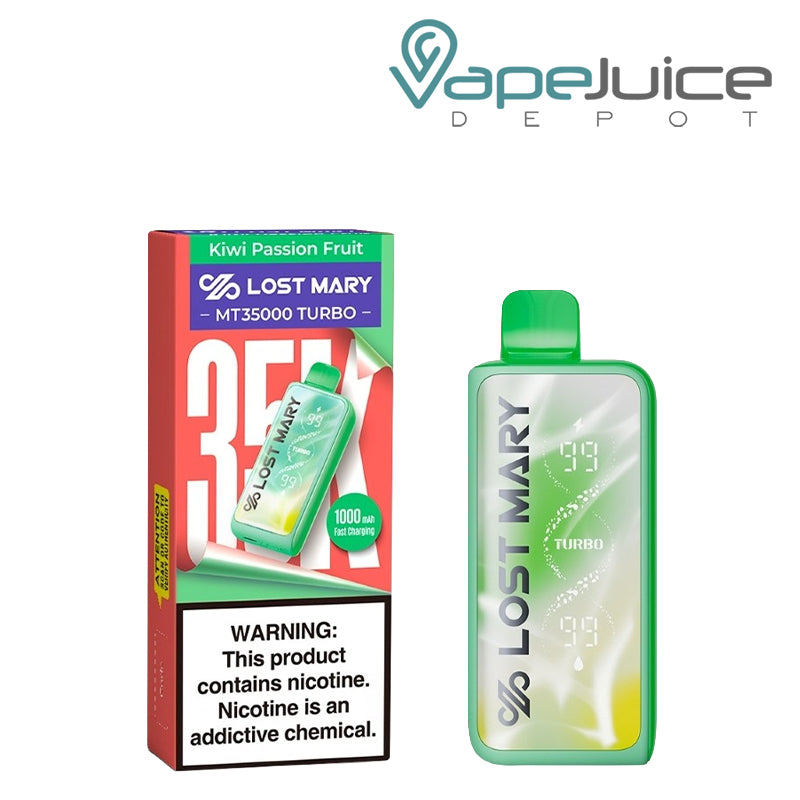 A Box of Kiwi Passion Fruit Lost Mary MT35000 Turbo Disposable with a warning sign and a device next to it - Vape Juice Depot