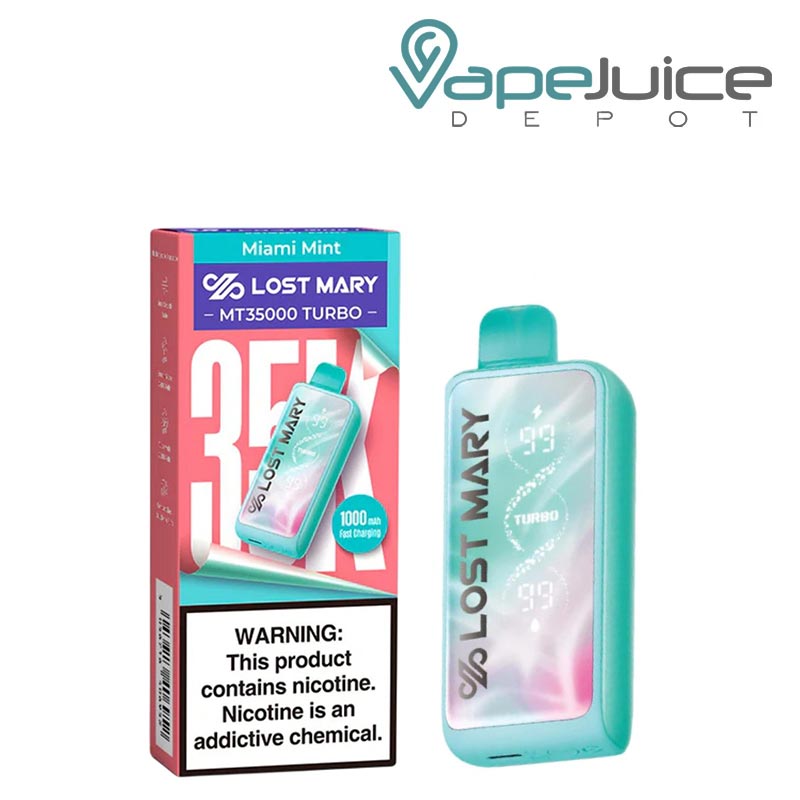 A Box of Miami Mint Lost Mary MT35000 Turbo Disposable with a warning sign and a device next to it - Vape Juice Depot