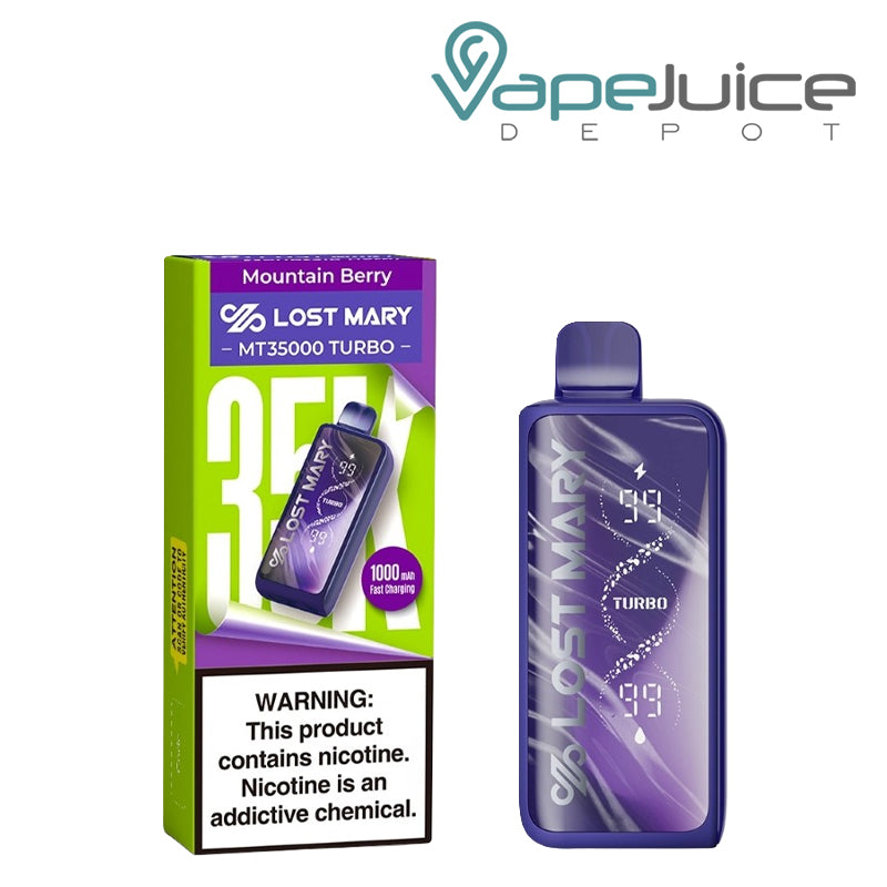 A Box of Mountain Berry Lost Mary MT35000 Turbo Disposable with a warning sign and a device next to it - Vape Juice Depot